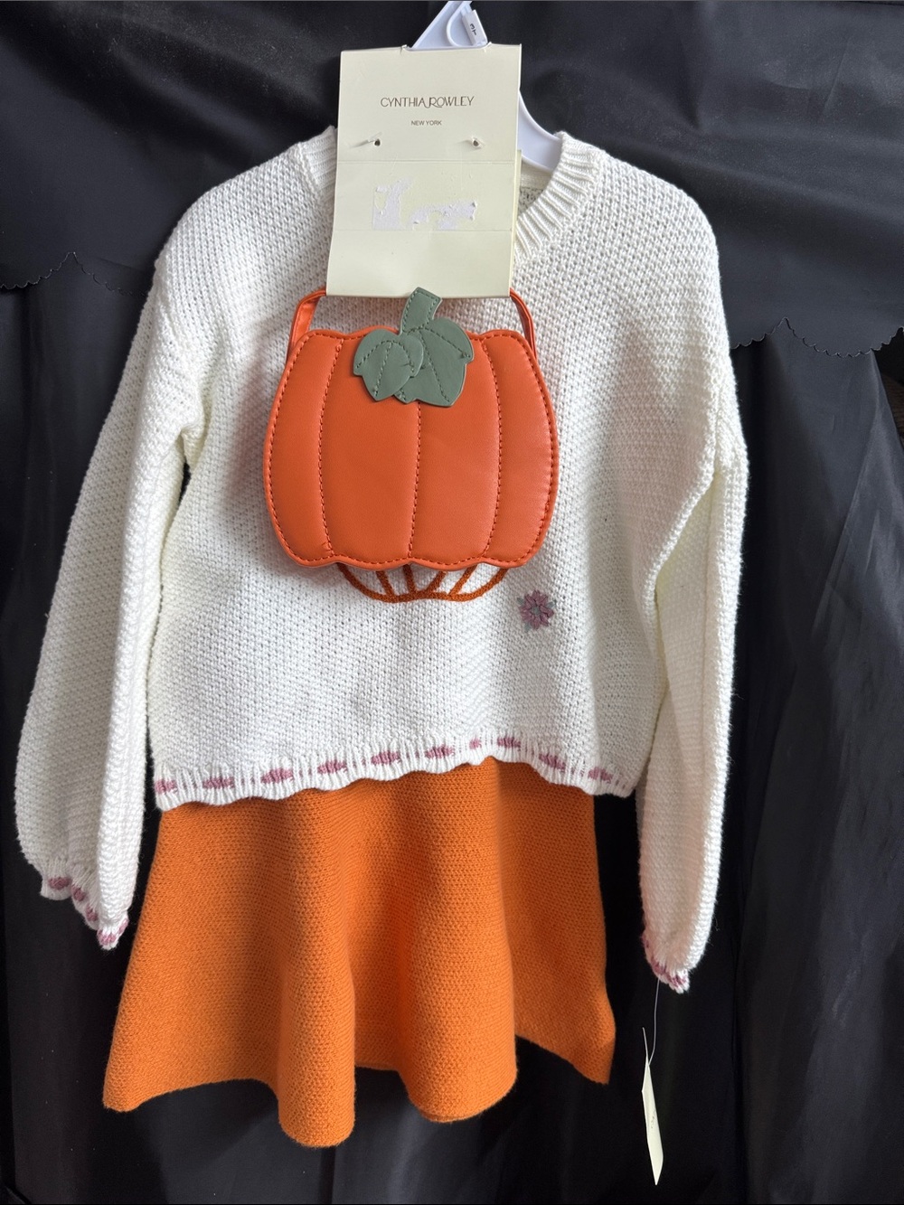 Cynthia Rowley Cream Knit Sweater with Orange Pumpkin Purse and Orange Skirt